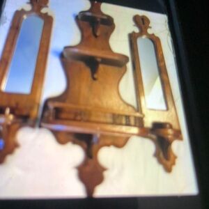 Solid walnut wall hanging with three shelves, 2 wall  scones, As is? $ only